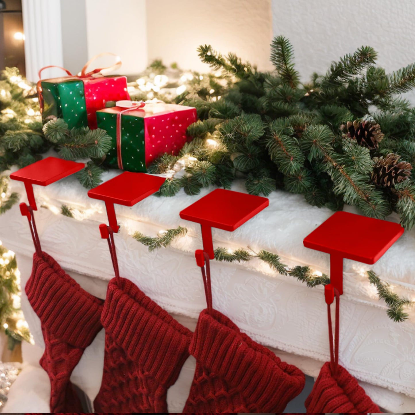 Joyyy Christmas Stocking Holders for Mantle Set of 4 Heavy-Duty Cast Iron Xmas Stocking Hangers Hooks for Mantel with Protective Pad for Fireplace Home Shelf (Red)
