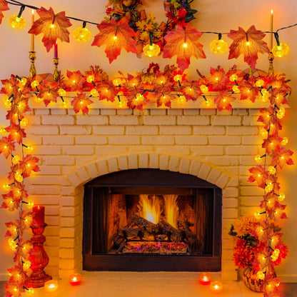 3 Pack & Timer - Fall Garland with Pumpkin Lights Halloween Fall Decorations for Home, 30Ft 60LED Halloween Lights Patented Enlarged Maples Leafed Battery Operated Thanksgiving Decor Indoor Outdoor