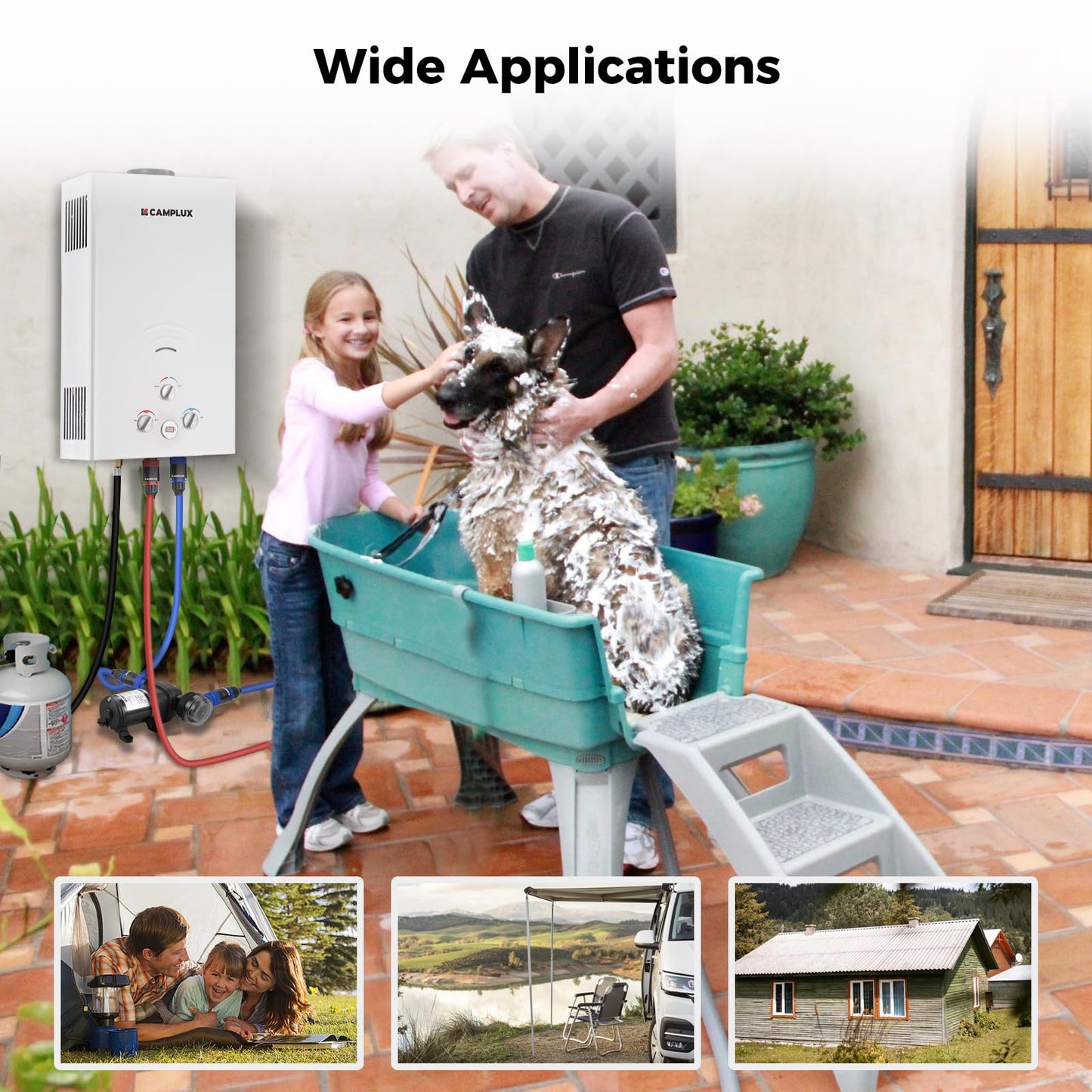 CAMPLUX 4.22GPM Propane Water Heater with 3.3 GPM Water Pump & Pipe Strainer, 110,000BTU Tankless Outdoor Water Heater, BW422P120