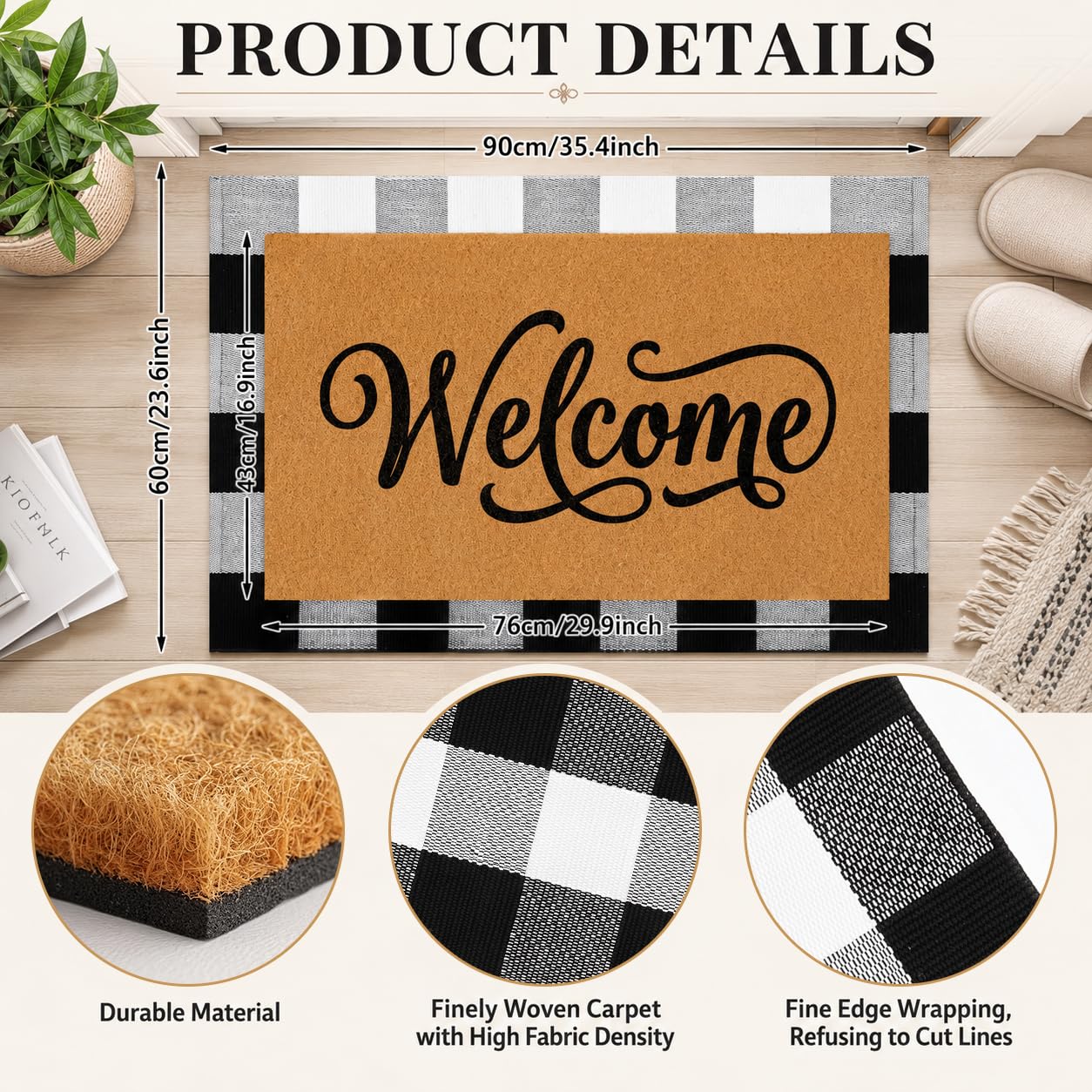 Britimes 3 Pcs Farmhouse Welcome Front Door Mat and Wreath Set Faux Coir Doormat Buffalo Plaid Layering Rug and 19" Greenery Wreath with Bow Outside Decor for Porch