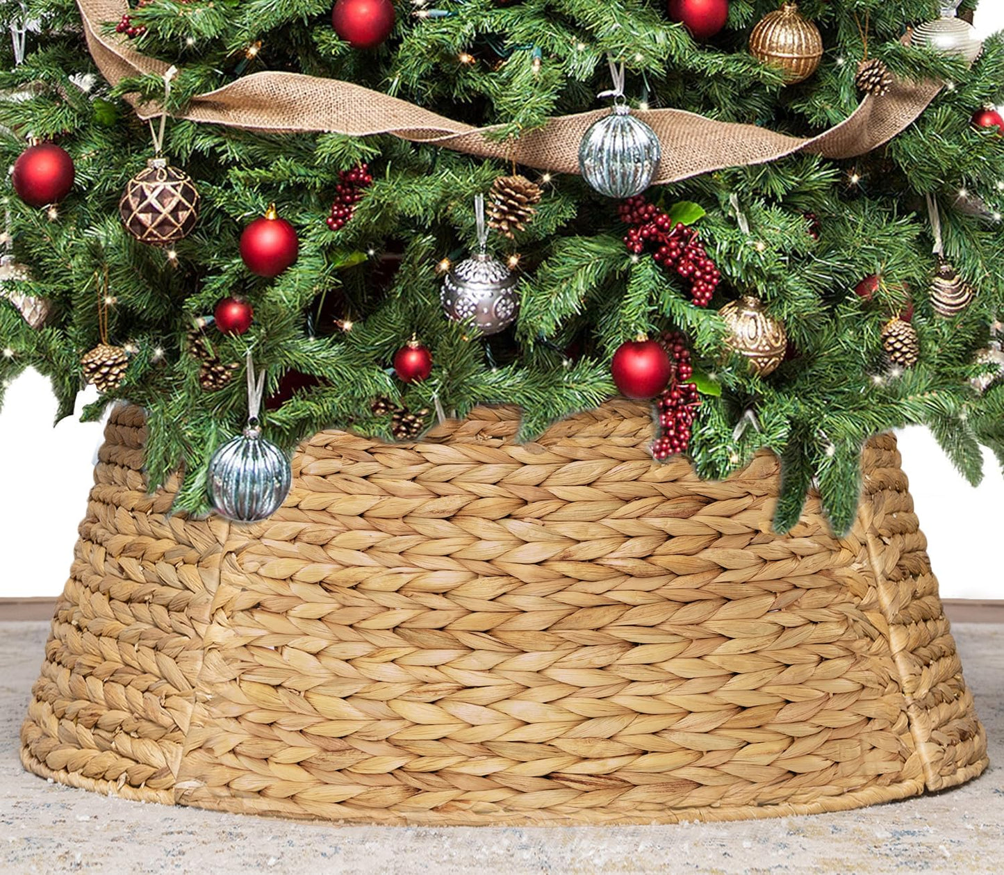 KOLWOVEN 28in Christmas Tree Collar Large to Small Christmas Tree, Woven Christmas Tree Ring Adjustable Skirt, Christmas Tree Skirt for Decoration, Base Protection from Pets (Water Hyacinth)