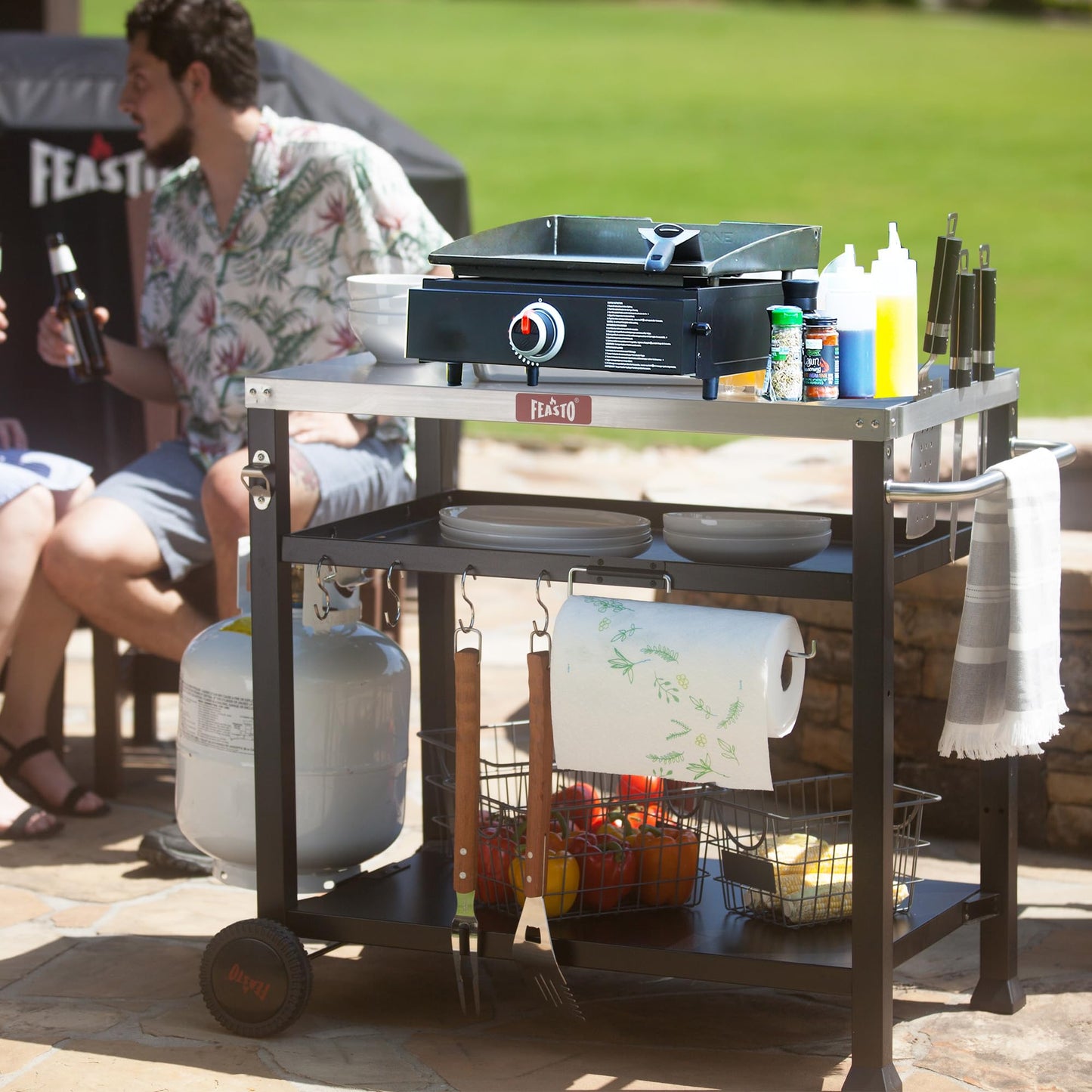 Feasto 3-Shelf Pizza Oven Table 33.5" x 21.7" Stainless Top, Rolling Outdoor Grill Cart with Waterproof Cover for Pizza Ovens & Griddles, Heavy-Duty BBQ Prep Station for Patio & Deck, Black