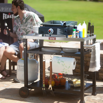 Feasto 3-Shelf Pizza Oven Table 33.5" x 21.7" Stainless Top, Rolling Outdoor Grill Cart with Waterproof Cover for Pizza Ovens & Griddles, Heavy-Duty BBQ Prep Station for Patio & Deck, Black