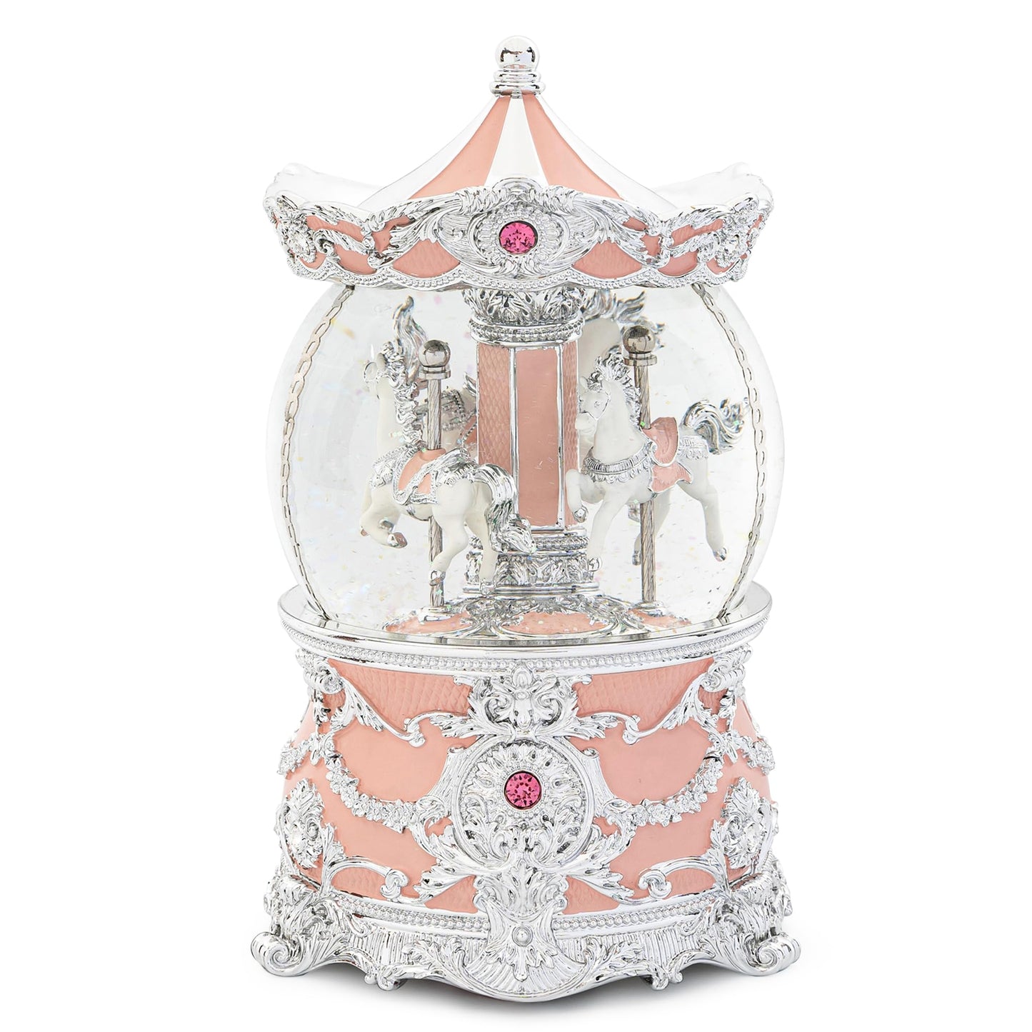 Carousel Music Box Silver & Pink Christmas Snow Globes, 8.3" Rotate Carousel Snow Globe for Kids & Adults, Classic Wind up Musical Snow Globe Valentines Day Gifts for Women Girls Carousel Horse Decor