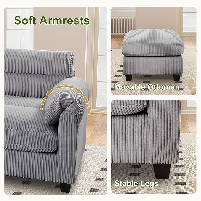 HAOMARKETS Corduroy Sofa Set, Upholstered Armchair, and 3-Seater Couch