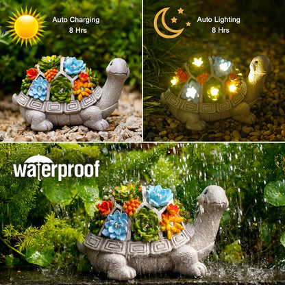 Goodeco Solar-Powered Turtle Garden Ornaments with LED Lights & Succulent Accents - Outdoor Decor for Patio, Balcony, Yard - Birthday Gifts for Women, Mum, Unique Tortoise Statue Housewarming Ideas