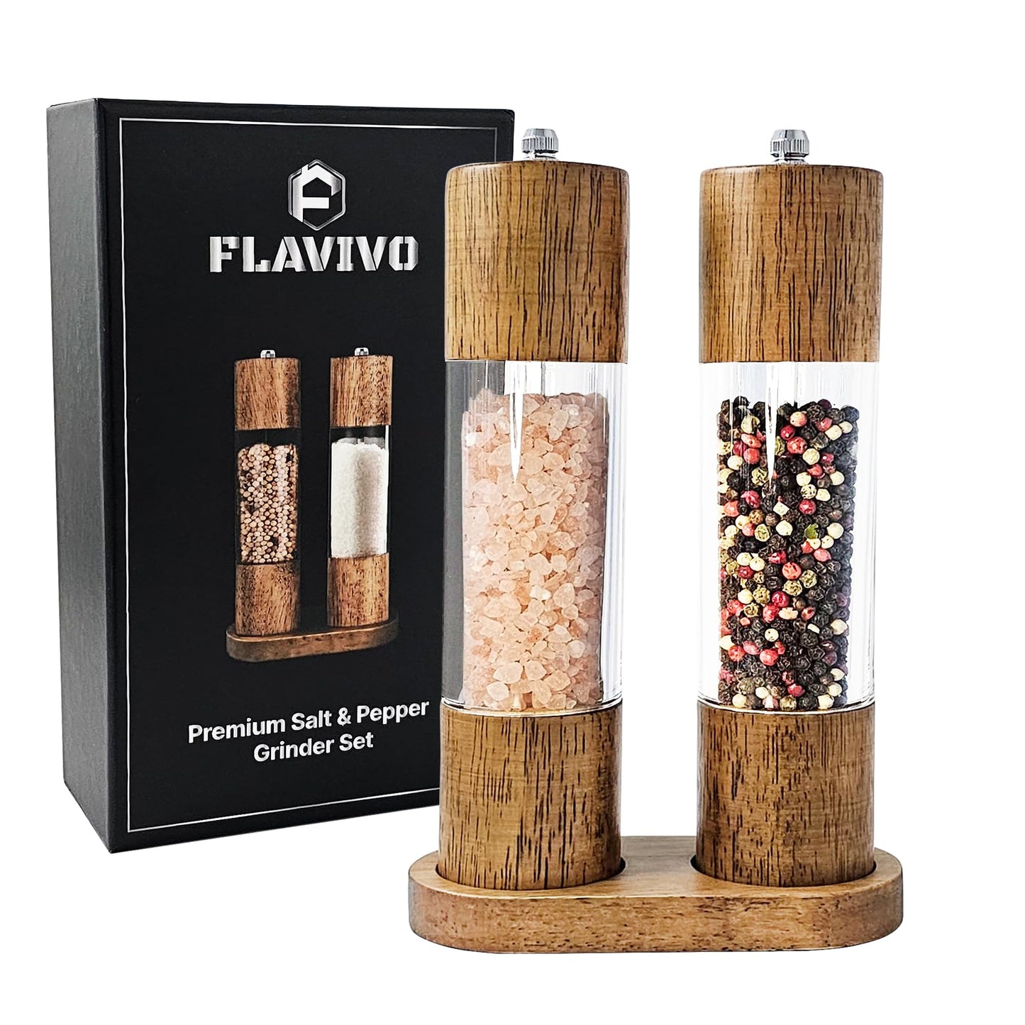 FLAVIVO Wooden Salt and Pepper Grinder Set, Manual Premium Acrylic Salt and pepper Mills with Adjustable Ceramic Core and Wooden Stand, 8-Inch Refillable Giftable Shakers (2 Pieces with Tray)