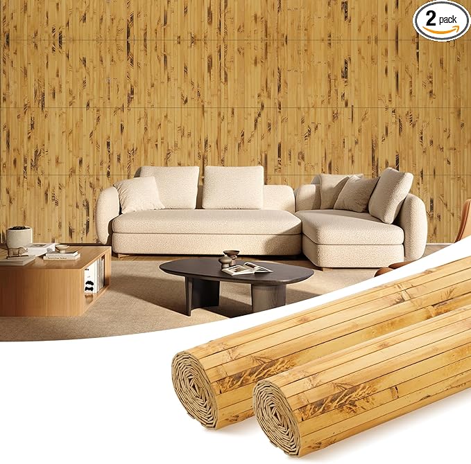 OUZUGIE 2 Pack 96x24 Inch Natural Bamboo Wall Panel – Yellow Burned Pole Wrap