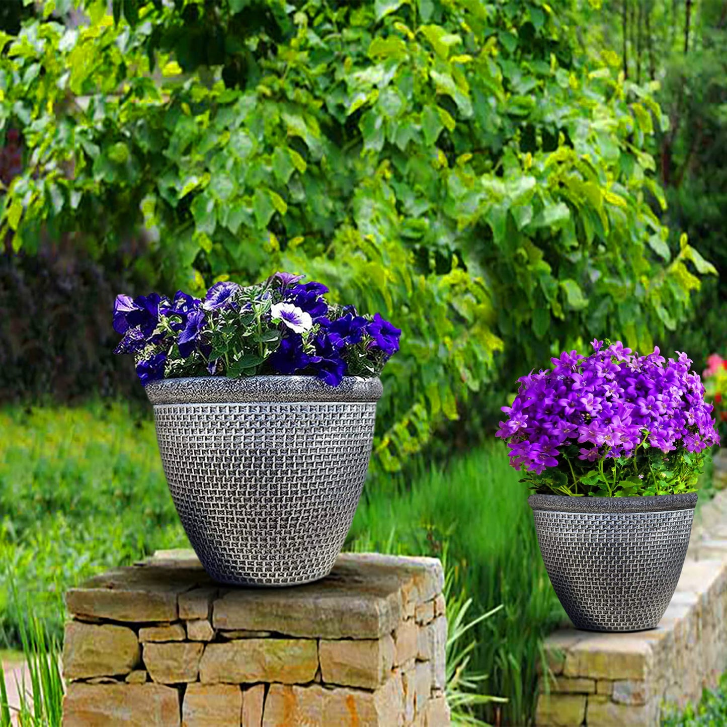 SG Traders 2 X Large Plastic Round Cromarty Plant Pots Flower Pot Planter Garden Decoration Antique Silver 30cm Plant Pot Outdoor Flower Pots Outside Garden Planters Outdoor With Drainage Holes