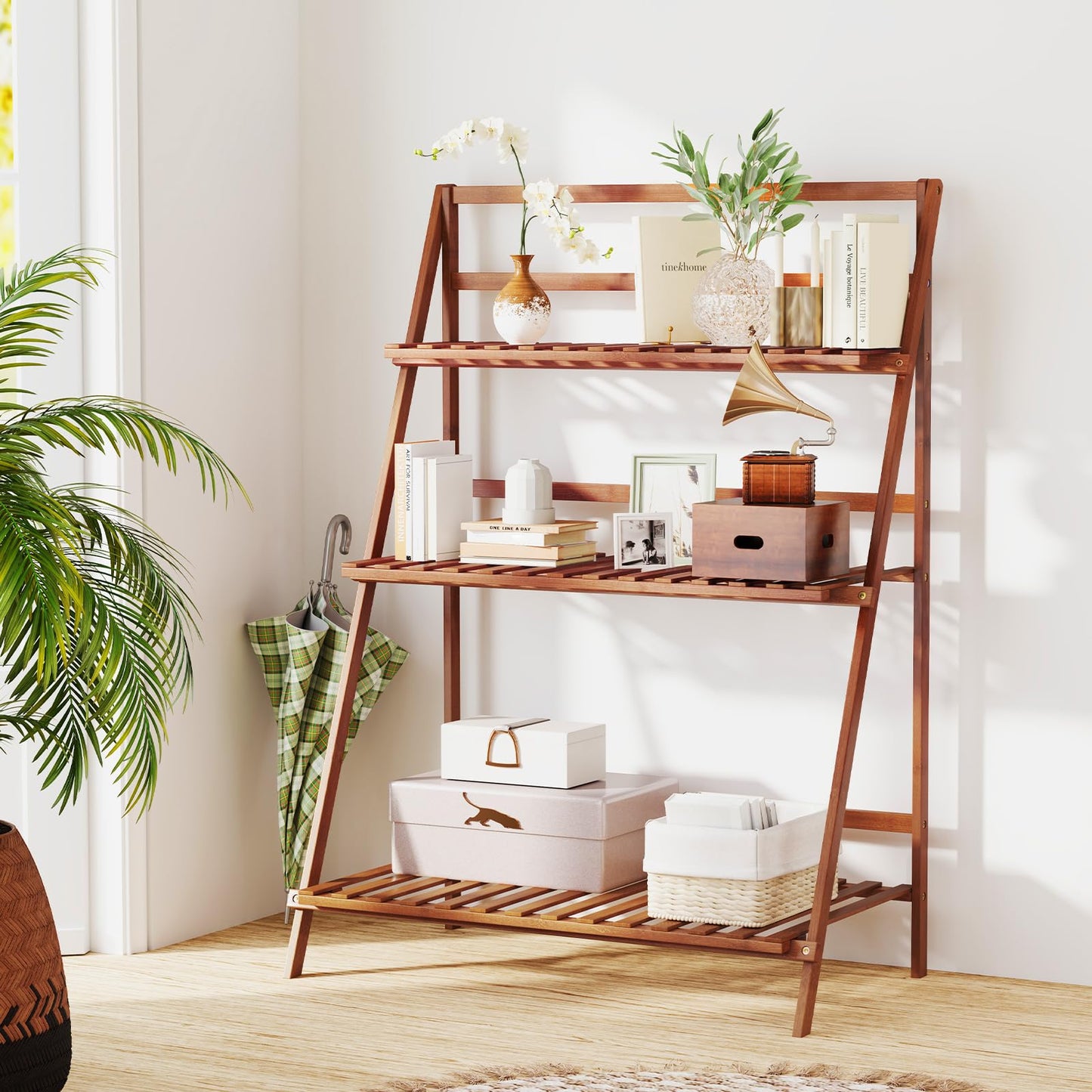 DREAMADE Plant Stand, 3 Tier Bamboo Ladder Plant Stand with Foldable Design, Anti-falling Crossbar, Freestanding Plant Shelf for Indoor Outdoor, Living Room Balcony Patio Garden
