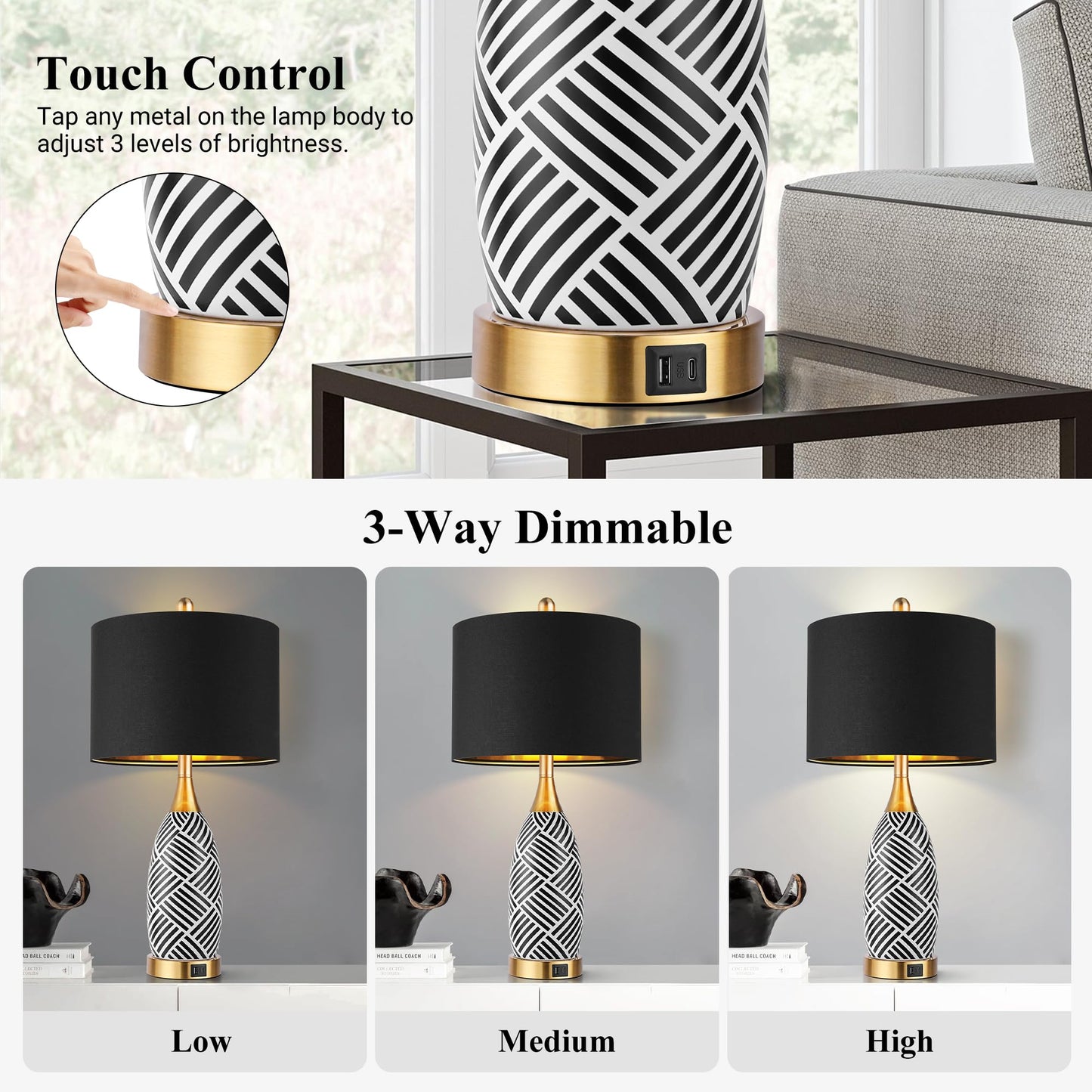 25.5" Touch Control Black and Gold Lamp,3-Way Dimmable Modern Ceramic Table Lamps with USB & Type-C Ports,Classic Black/White Striped Bedside Lamps for Bedroom Living Room Office(Bulbs Included)