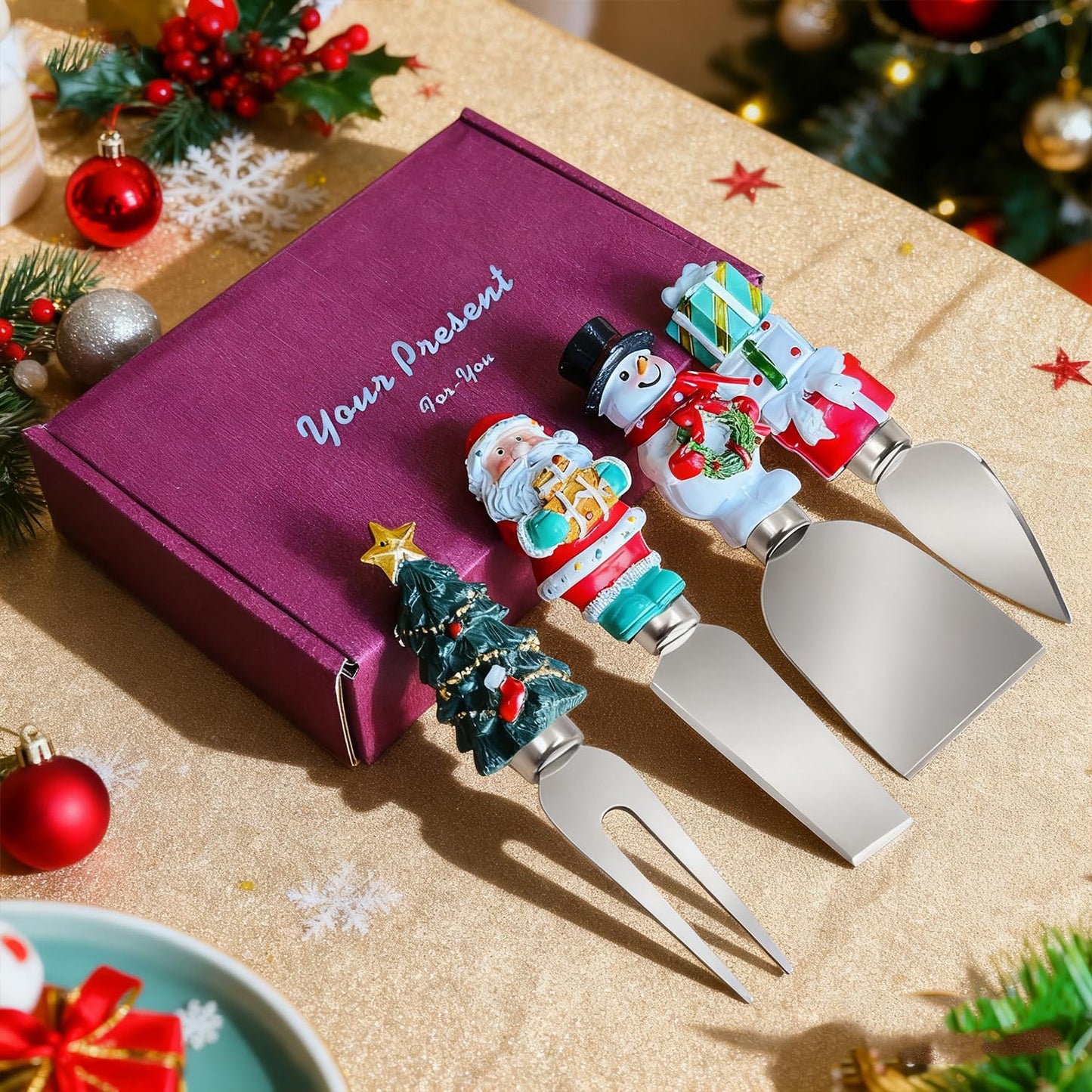 Linwnil 4-Piece Hand Christmas Resin Handles Cheese Knives, Xmas Charm Cheese Spreader Knife for Charcuterie Board Tools