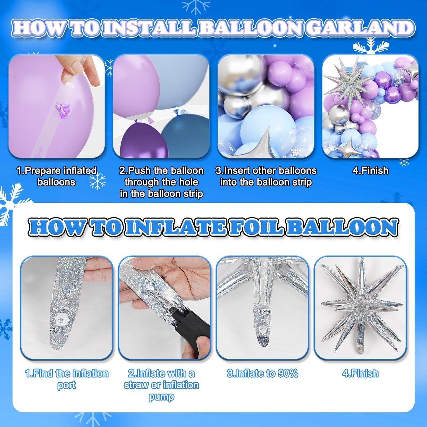 Snow 7th Birthday Decorations Girl, Snowflake Balloon Garland Arch Kit, Laser Explosion Star Balloons, Silver Number 7 Balloon Tower for Baby Shower Girls 7th Snow Theme Party Supplies
