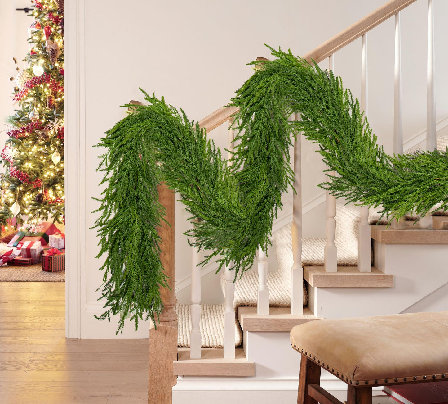 Hollyone 6FT Norfolk Pine Garland Real Touch Winter Pine Garland Faux Christmas Garlands Artificial Greenery Plant for Table Fireplace Mantle Wall Indoor Outdoor Mantle Holiday Christmas Home Decor