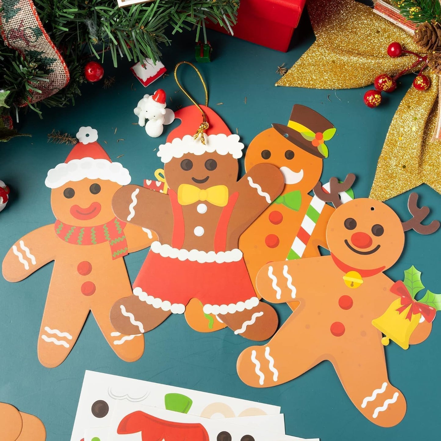 Haooryx 61PCS Xmas Gingerbread Craft for Kids Arts and Crafts DIY Ornaments Make Your Own Xmas Gingerbread Man Sticker Tree Home Decor