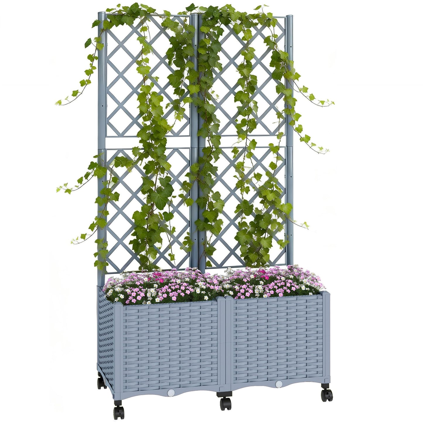 Outsunny Planter Box with Trellis, Self Watering Raised Garden Bed with Lockable Wheels, 56.3" Trellis Privacy Planter with Drainage Holes for Climbing Plants, Vines, Vegetables, Flowers, Gray