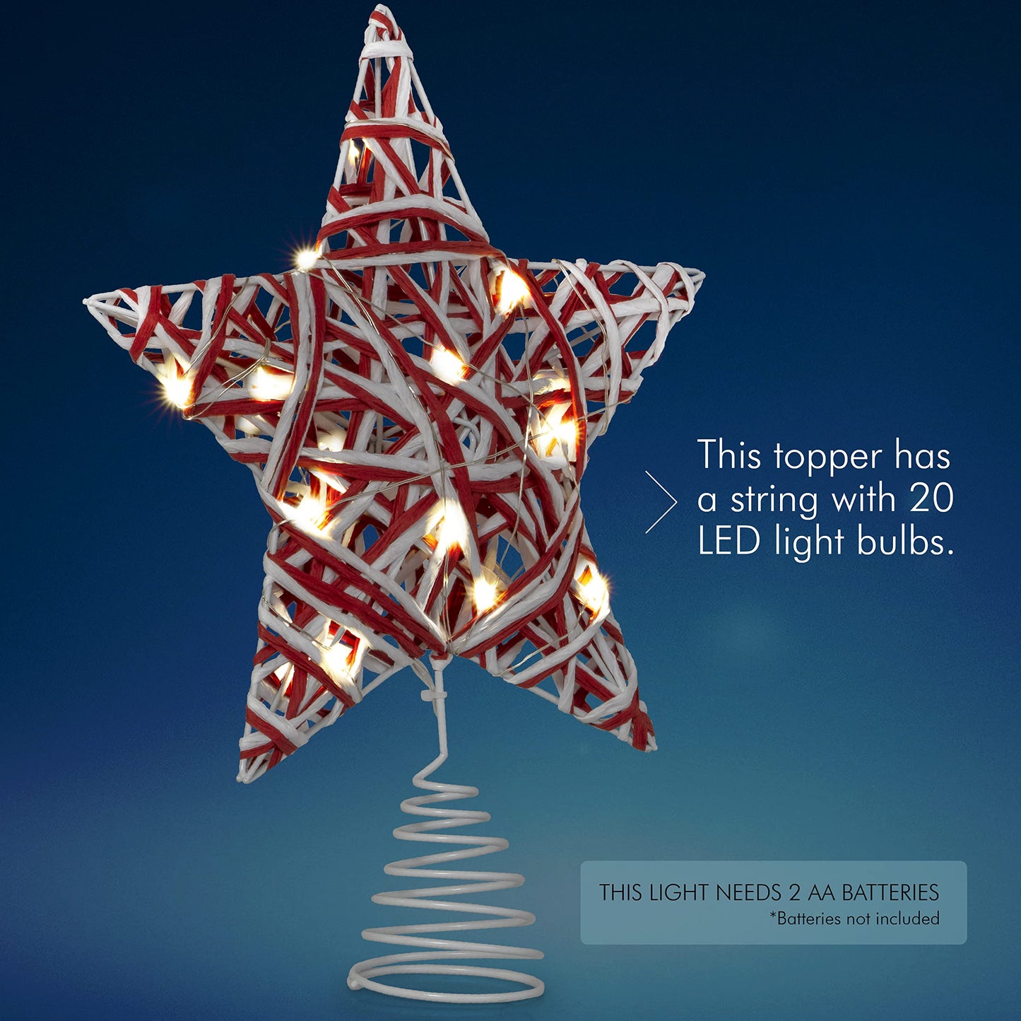 Ornativity Christmas Star Rattan Tree Topper – Red and White Xmas Holiday Decor Rustic LED Lights Light Up Tree Top Topper Ornament Decoration 12"