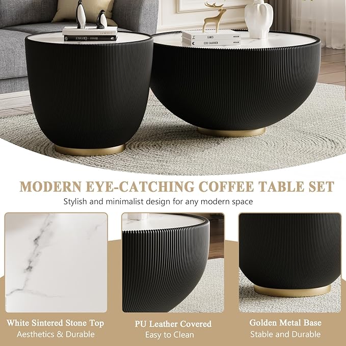 Round Marble Coffee Table Set of 2, 2 Piece Coffee Table and End Table