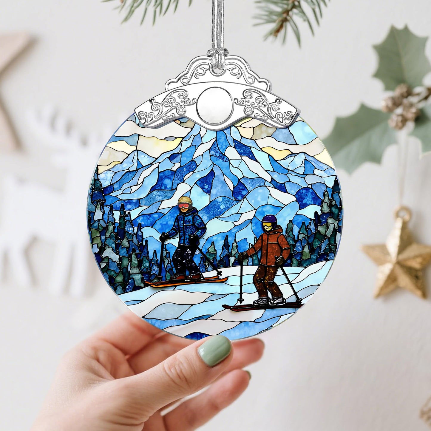 Stained Glass Skiing Christmas Ornament: Christmas Tree Ornaments & Decor, Holiday Decor – Holiday Presents, Gift Ideas & Gifts for Friends, Coworker, and Family
