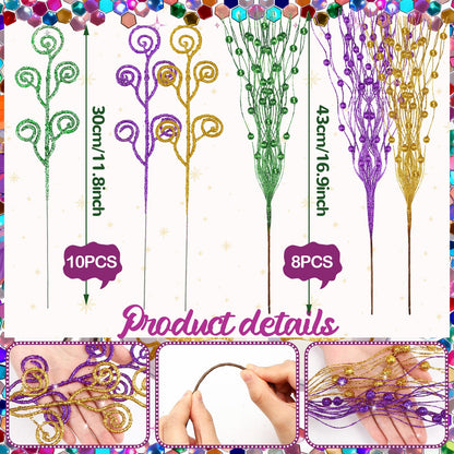 Daifunli 36 Pcs Mardi Gras Decorations Mardi Gras Picks Purple Gold Ornaments 17'' 12'' Artificial Glitter Berry Picks and Sprays Branches for Carnival Party Wreath Vase