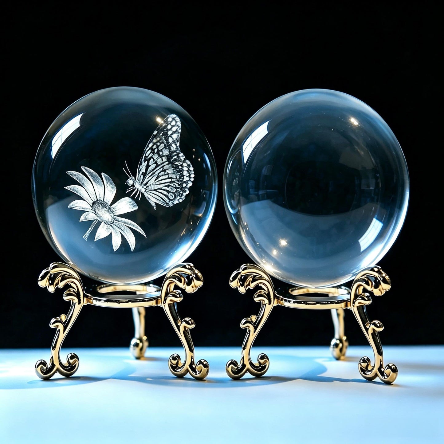 vskikris 3D Laser Engraved Crystal Ball Set, 60mm K9 Clear Crystal Sphere with Butterfly & Flower Design + Blank Ball, with Gold Stand, for Home Decor, Feng Shui, Unique Gift for Women