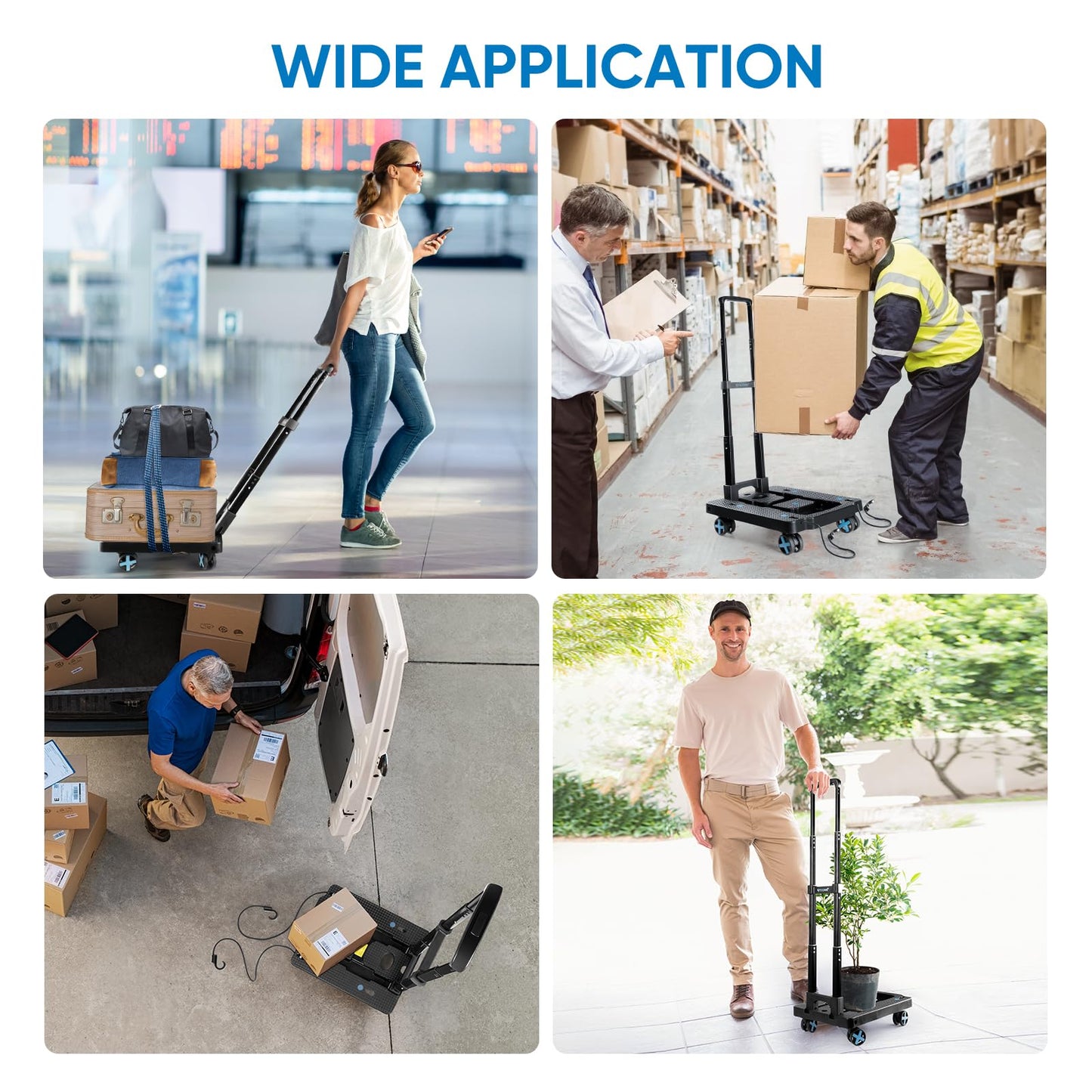 TICONN Folding Portable Dolly Cart, Black, 4-Wheel, 110 lbs Capacity, Adjustable Handle, Silent Wheels