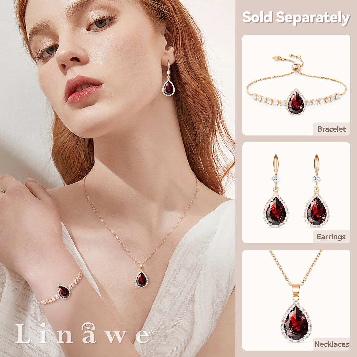 Linawe Rose Gold Red Imitation Diamond Dangle Earrings for Women, Ruby Rhinestone Cubic Zirconia Crystal Teardrop Earrings, Wedding Bride Bridesmaids Earrings, Birthstone Jewelry
