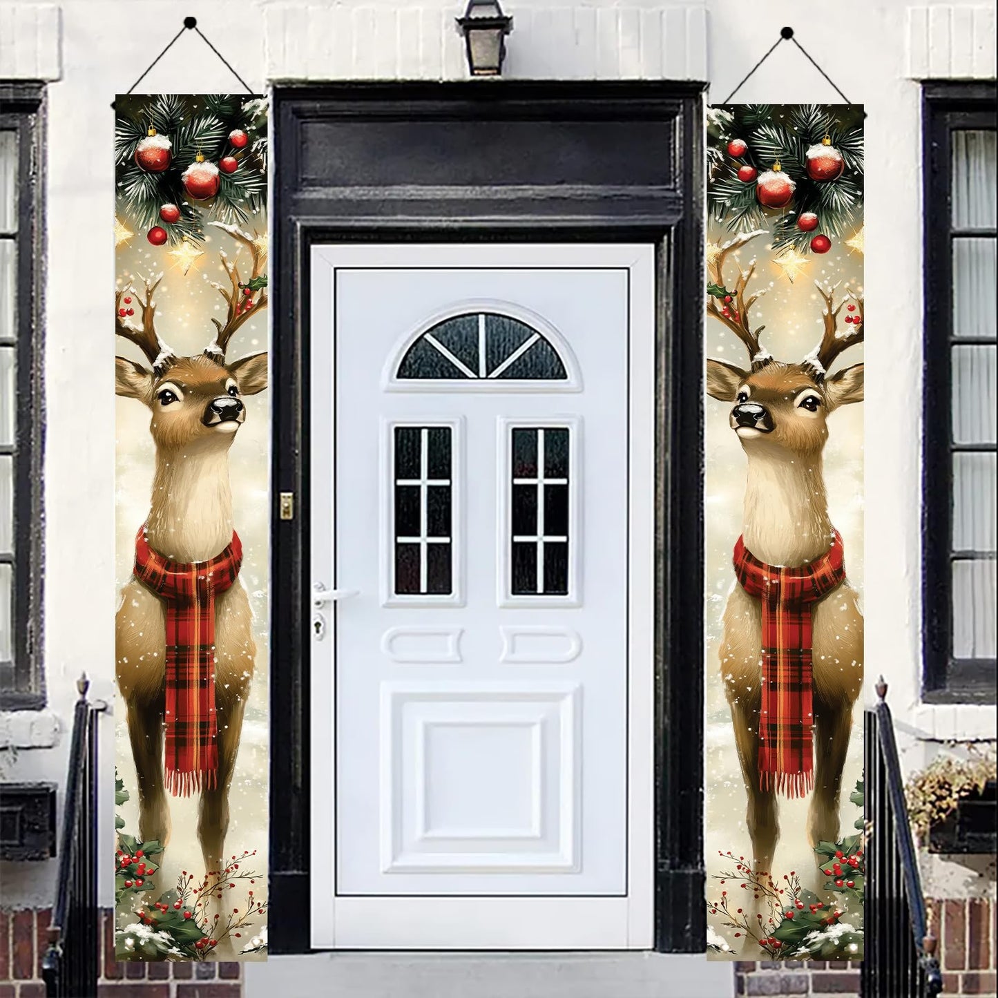Saoplasa 2PCS Christmas Porch Banner Reindeer with Scarf Vertical Hanging Decorations for Front Door Outdoor Winter Holiday Welcome Sign Plaid Deer Wall Decor Xmas Entryway Background 71 x 12 Inch
