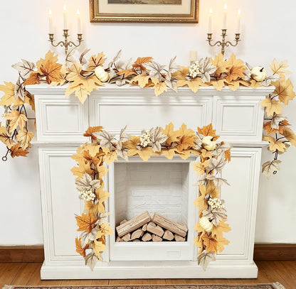 2 Pack Fall Garland Maple Leaf with Lights Fall Decor, 6Ft/Piece Fake Leaves Pumpkin Berry Vine Autumn Foliage Garland for Mantle Fireplace Halloween Thanksgiving Decorations Christmas Home Decor