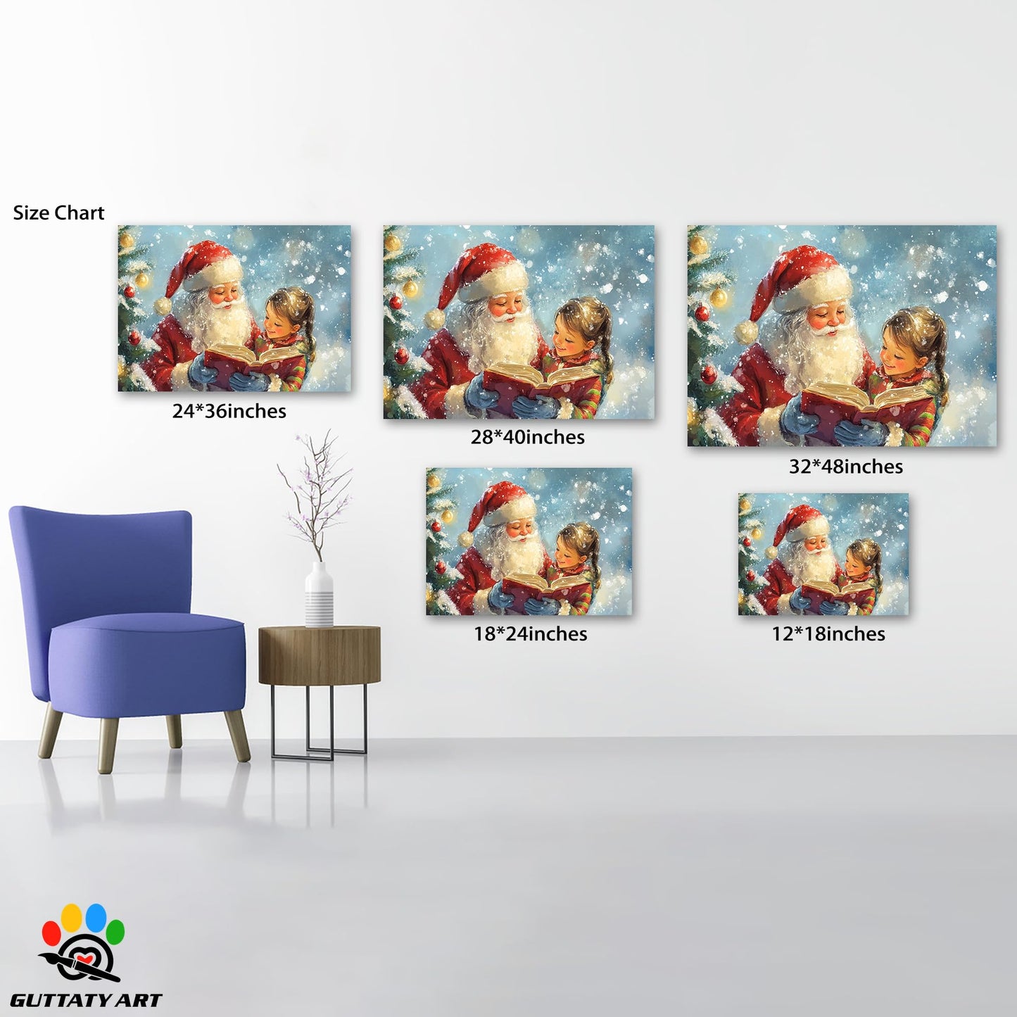 GUTTATY Christmas Canvas Wall Decor, Santa & Girl Reading Book Christmas Pictures Decor, Snow Scene Christmas Canvas Wall Art Prints, Christmas Tree Canvas Artworks for Living Room 18x24 Inch