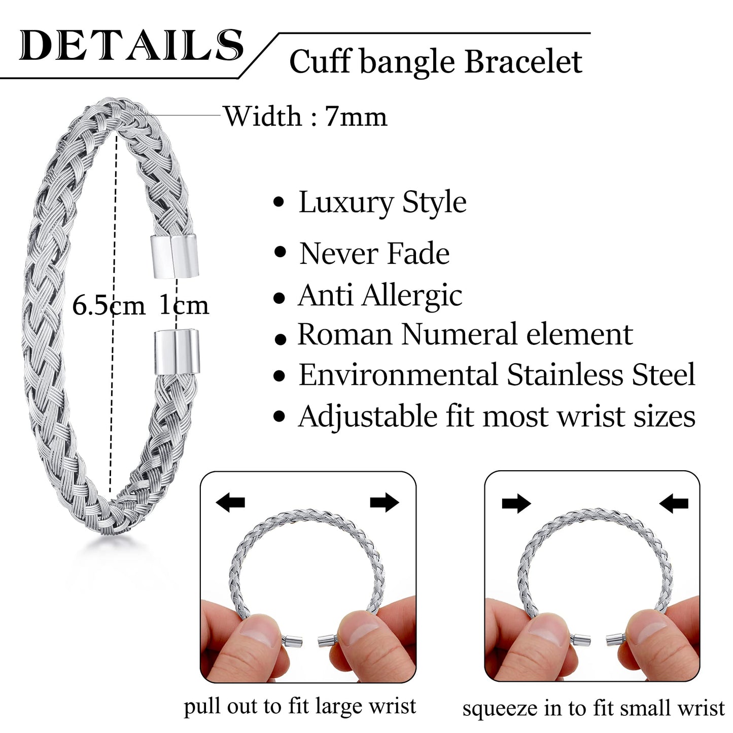 WFYOU 3PCS Stainless Steel Bracelets for Men Gold Roman Numeral Bangle Bracelet Twisted Cable Bracelet Adjustable Cuff Bracelet Mens Luxury Jewelry Bracelets Gifts(F:Silver)