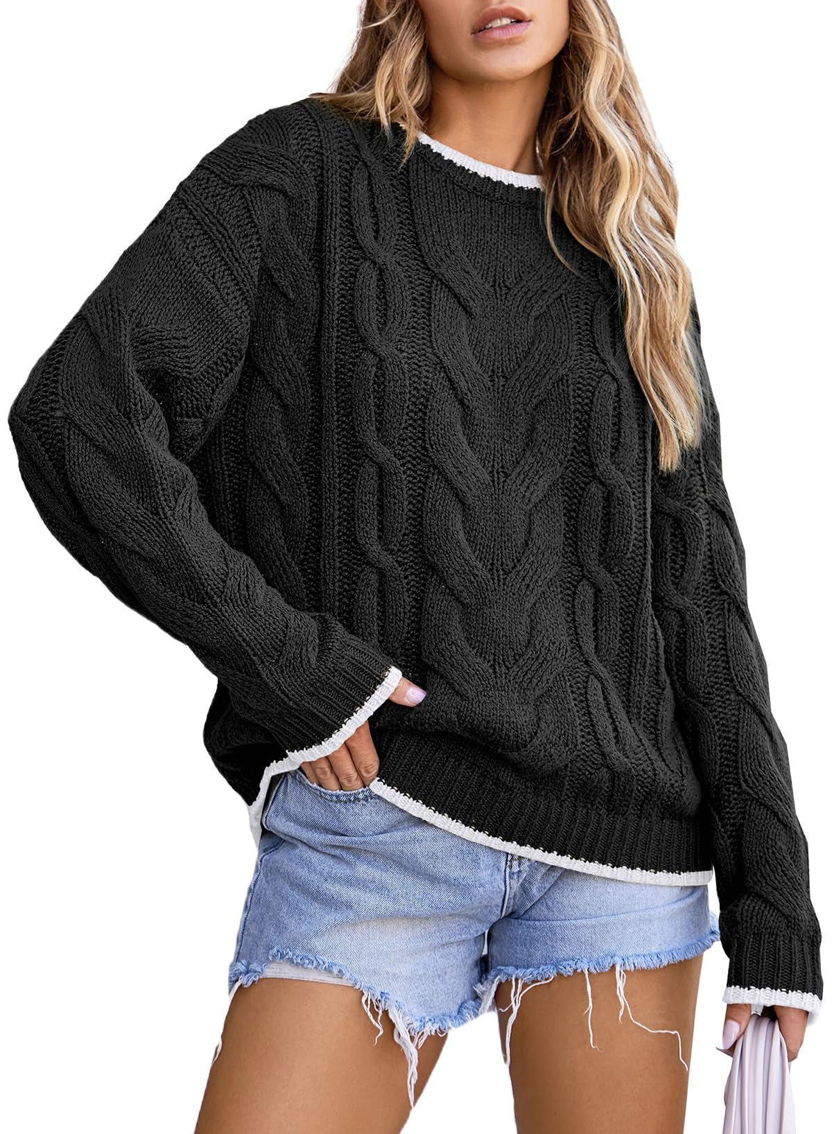 EVALESS Sweaters for Women Trendy Crewneck Long Sleeve Color Block Sweater Tops Fall 2025 Chunky Cable Knit Pullover Sweaters
