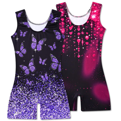 Taubow 2 Packs Gymnastics Leotards for Girls 3t-4t Gradient Butterfly Ballet Dance Leotard Toddler Biketard with Shorts