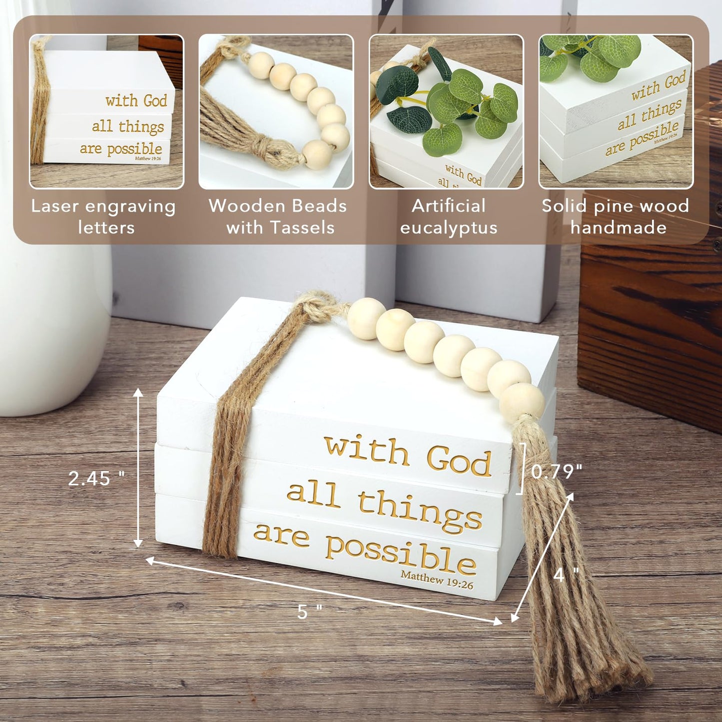 Mini Decorative Coffee Table Books, 4.72" D x 3.93" W x 2.36" H – Set of 3 Faux Books for Decoration, Living Room, Entryway, Bookshelf, Inspirational Christian Gifts