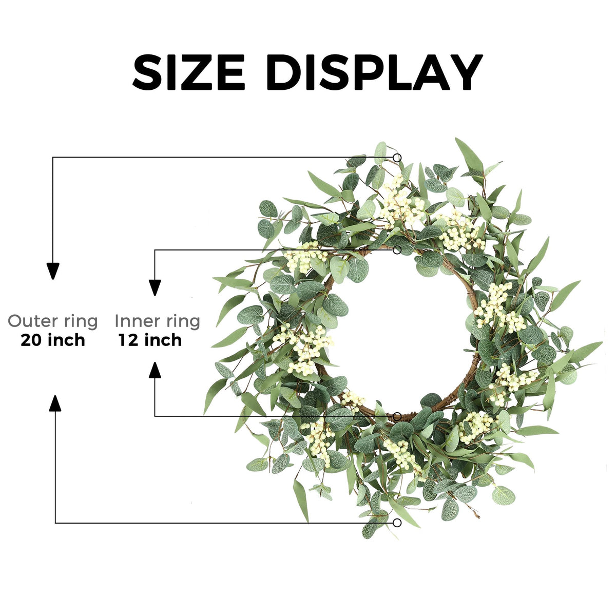 Pinkpum 20'' Eucalyptus Wreath for Front Door, Porch, Window - Green Decor for Home, Farmhouse - Spring, Summer, Fall, All Seasons