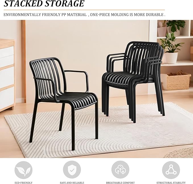 Patio Chairs Set of 4, All-Weather Stackable Outdoor Dining Chairs with Curved Back, Patio Dining Chairs for Patio, Deck, Porch, Backyard, Restaurant, Cafe, Black