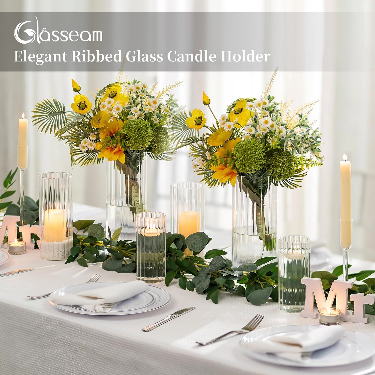 Glasseam Ribbed Glass Candle Holder, Cylinder Candle Holders for Pillar Candles, Clear Hurricane Candle Holder Set of 6, Decorative Floating Candle Vases for Centerpieces Wedding Table Decorations