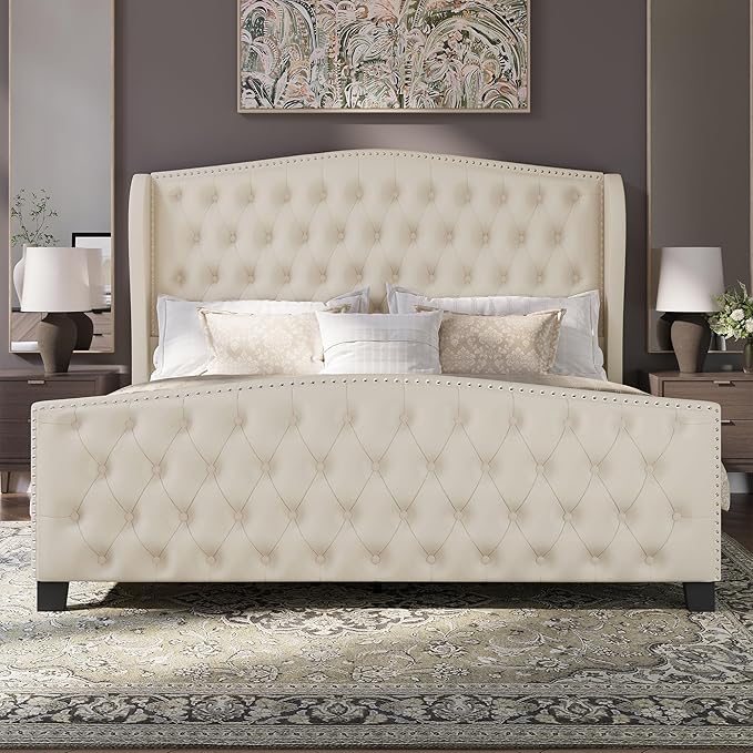 BRELTAM Upholstered King Size Bed Frame Velvet Beige Tufted Platform Bed Frame