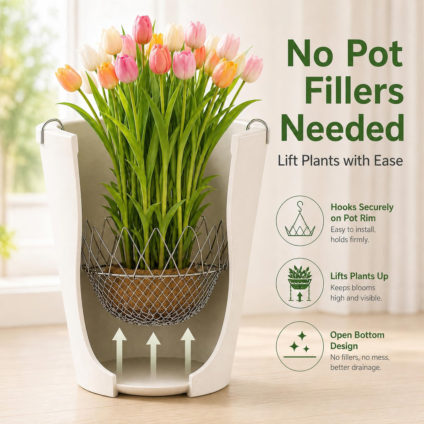 BLANRICO Adjustable Planter Insert for Pots 12-18" Opening, Stainless Steel Plant Lifters with Hanging Chains Planter Lift Kit for Tall Inside Pots, Indoor and Outdoor (4 Pack)