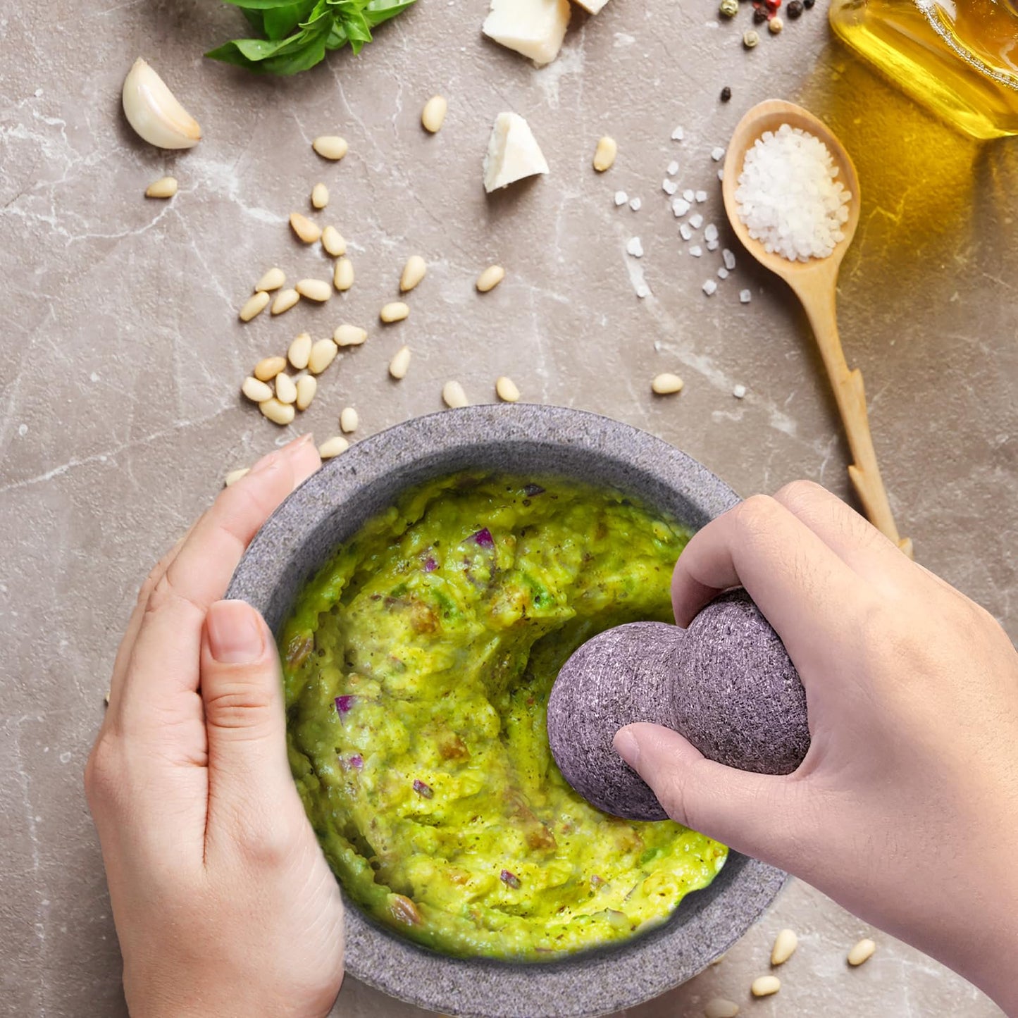 WhiteRhino Mortar and Pestle Set, 4 Cup Natural Unpolished Granite Molcajete Mexicano, 8-in Extra Large Guacamole Bowl, Motar Pestel Stone Grinder for Guacamole, Salsa, Spices, Herbs, Seasonings