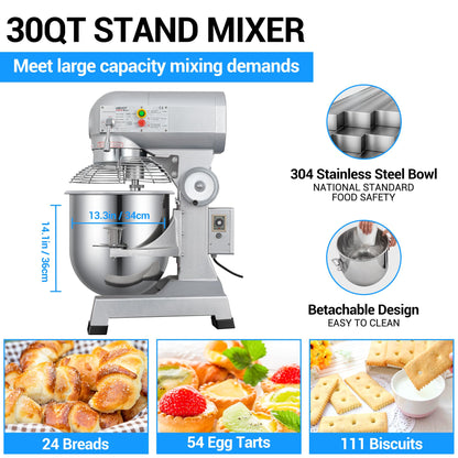 LEEVOT 30 Qt 1250W Commercial Food Mixer, Commercial mixer 3 Speeds Adjustable Heavy Duty Stand Mixer with Stainless Steel Bowl for Bakery Pizzeria.
