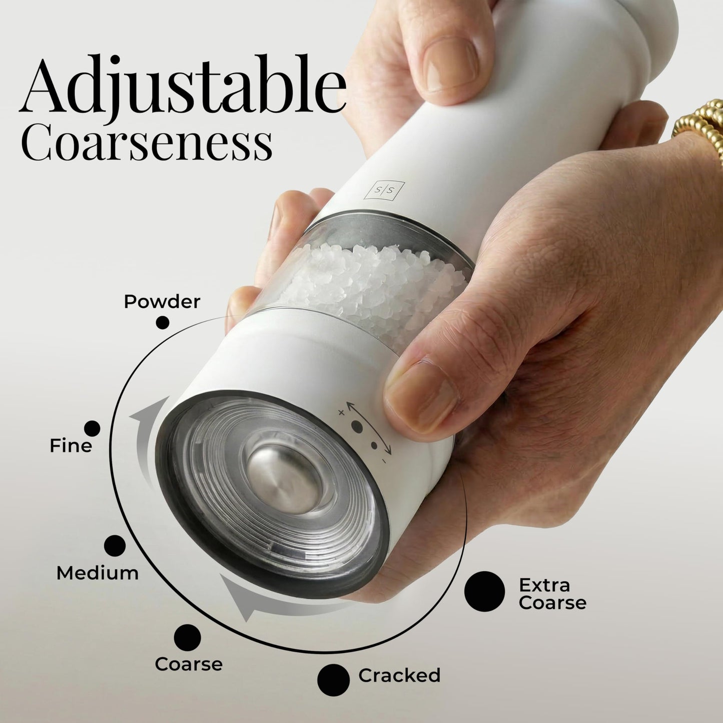 Electric Salt and Pepper Grinder Set - Styled Settings White Electric Salt and Pepper Shakers, Automatic Stainless Steel Set with LED Light, Battery Operated, Adjustable Coarseness, Wood Base
