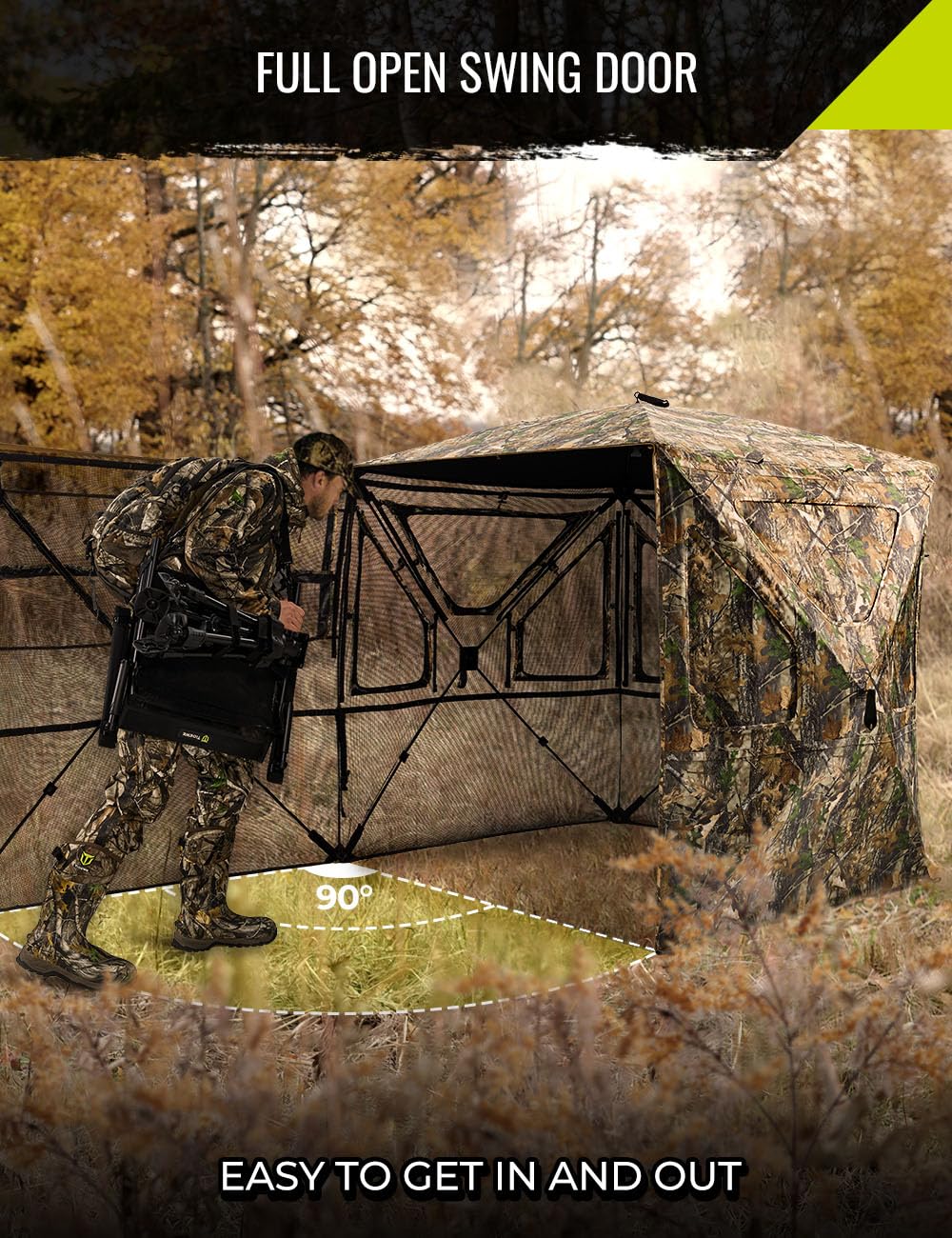 TIDEWE Hunting Blind 360°See Through with Large Open Door, Pop Up Ground Blind with Removable Curtain & Carrying Bag, Portable Resilient Tent(Forest Fade Camo, 2-3 Person, 4-Sided Swing Door)
