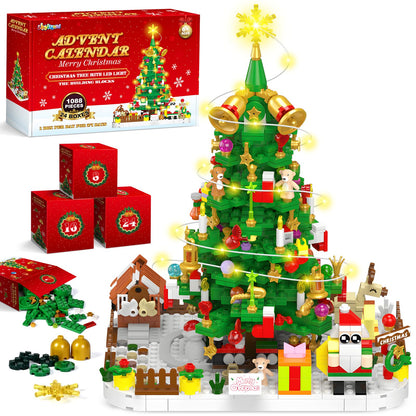 Advent Calendar 2025 Adult, 1088 Pieces Christmas Tree Building Kit with Led Light, 24 Days Christmas Countdown Christmas Tree Building Toy Set, Ideal Xmas Gift Toy for Teen Boy