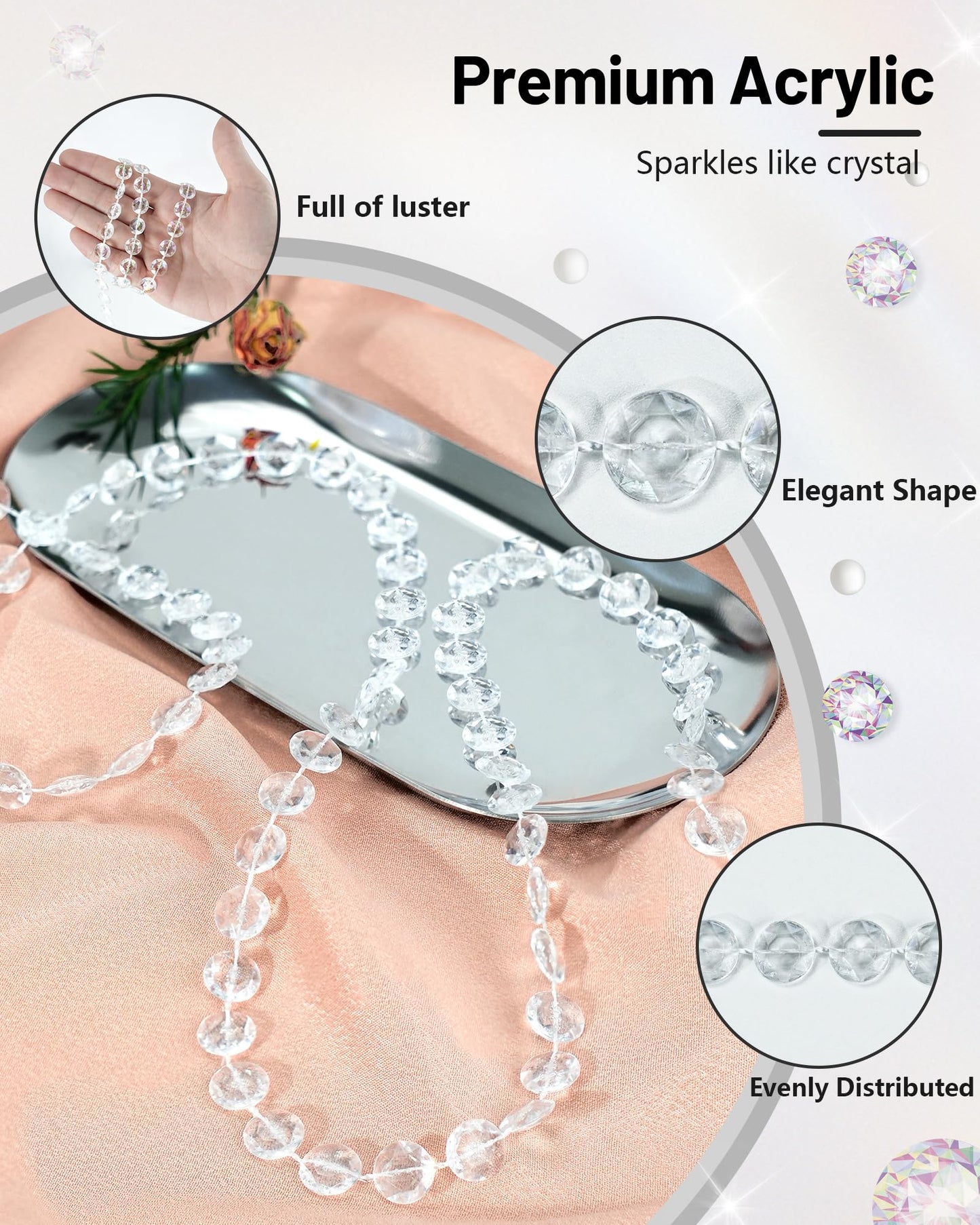 99FT Acrylic Crystal Garland, Clear Diamond-Shaped Crystal Bead Strands, DIY Crystal Beads String Roll for Christmas Tree Wedding Decorations Party Decorations Beaded Curtain Crafting Projects