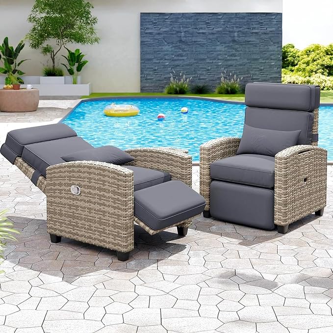 Towallmark Adjustable Rattan Recliner Chair, Patio Lounge Chairs with Cushion, Outdoor Porch Chaise with Flip Up Side Table & Footrest for Porch, Outside Balcony, Deck
