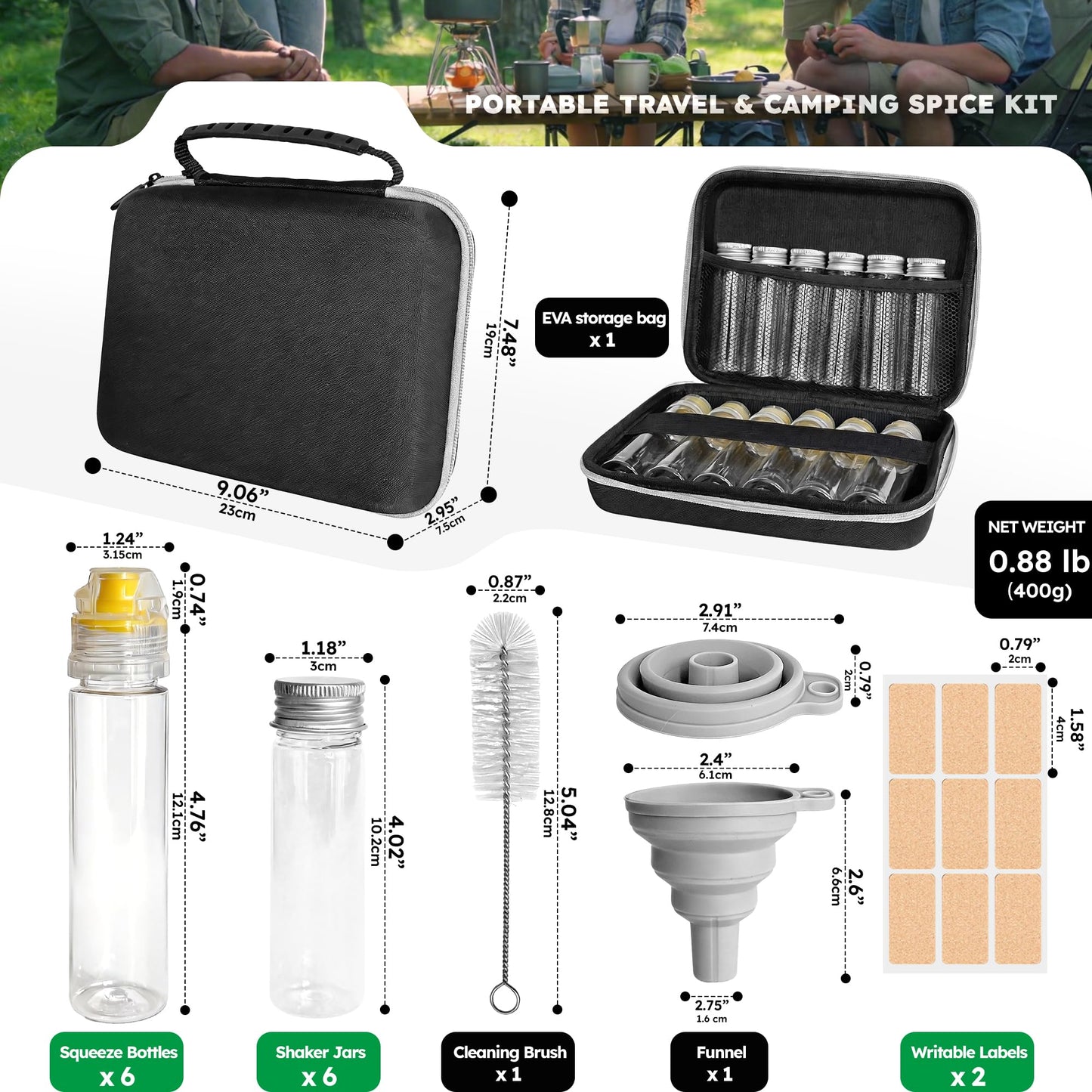 Portable Travel Camping Spice Kit - 12Pcs Spice Jars Set: 6 Mini Salt and Pepper Shakers + 6 Spice Containers Squeeze Bottles, Bonus Funnel, Cleaning Brush & EVA Storage Bag for Outdoor/Travel/Picnic