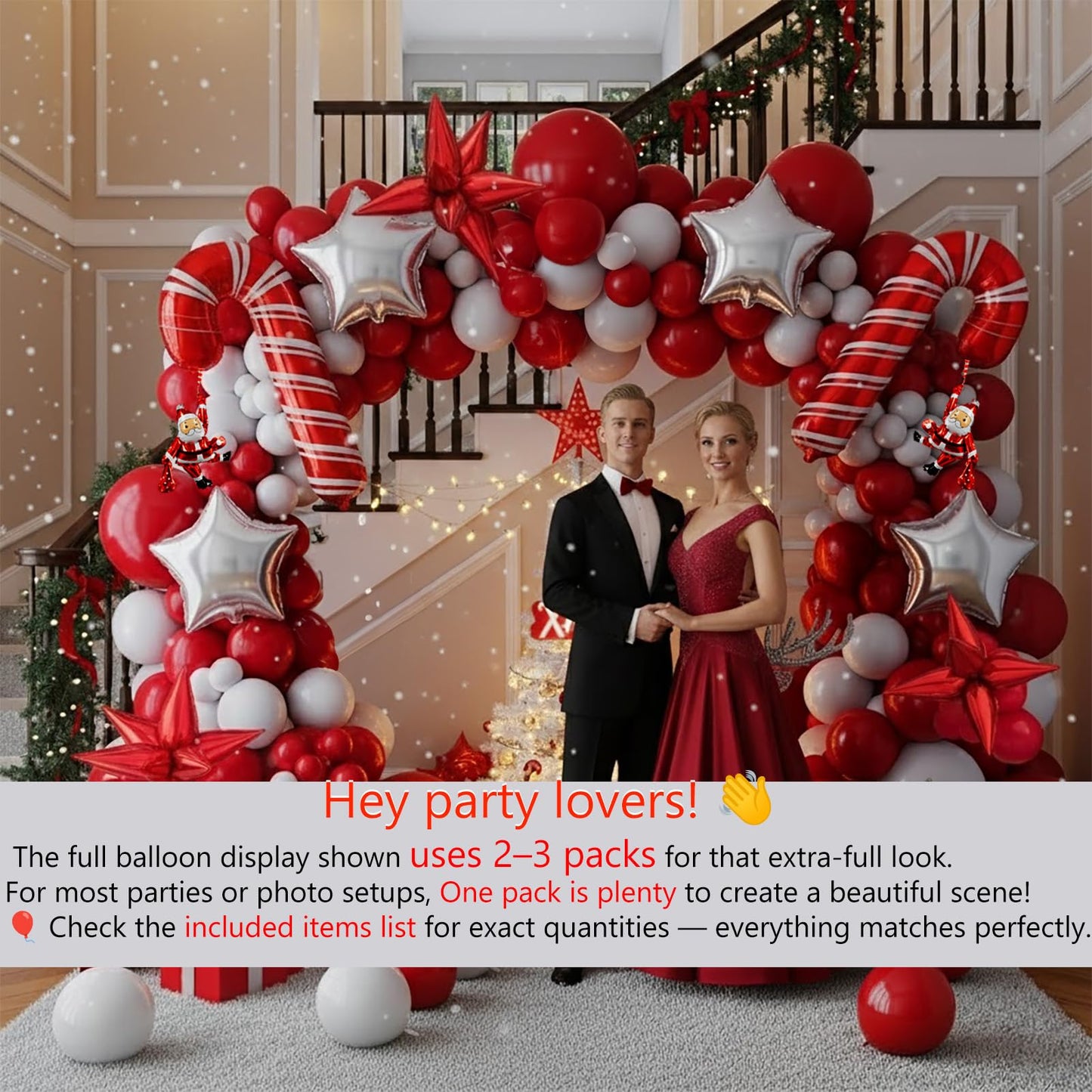 Red Christmas Party Decorations with Balloon Garland Arch Kit & Red White Silver Cane Candy Explosion Star Foil Balloons for Winter Xmas New Year eve Birthday Decorations