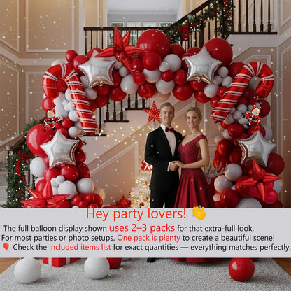 Red Christmas Party Decorations with Balloon Garland Arch Kit & Red White Silver Cane Candy Explosion Star Foil Balloons for Winter Xmas New Year eve Birthday Decorations