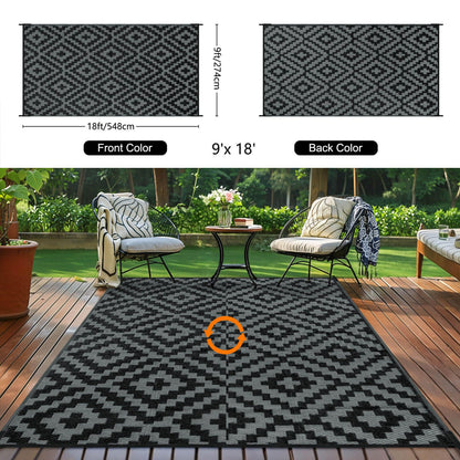 Outdoor Patio Plastic Straw Rug - 9x18 ft Outdoor Camping Rug Waterproof Reversible, Area Carpet Patios Clearance RV, Outside Porch Balcony Deck for Camper, Black & Grey